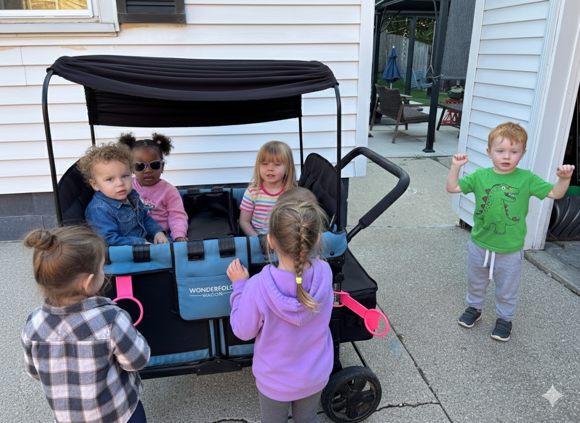 A friendly daycare teacher interacting with a child.